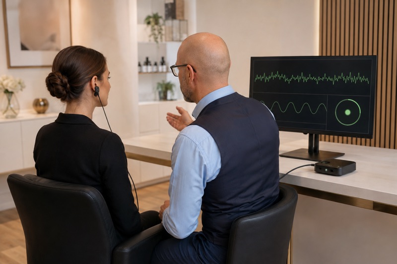 Kundin bei einer iFlow HRV-Messung mit Ohrsensor und persönlicher Auswertung bei RPM Medical & Kosmetik in Mönchengladbach