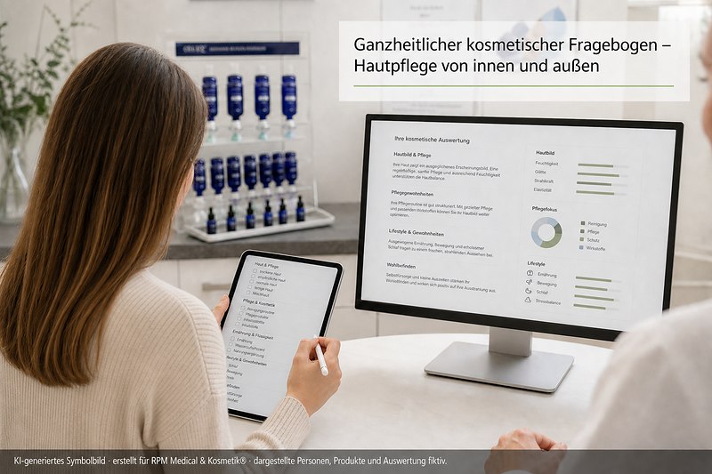 Der ausführliche Fragebogen berücksichtigt Hautzustand, Pflegegewohnheiten, Lebensstil und weitere kosmetisch relevante Faktoren. Die Angaben werden computergestützt ausgewertet und verständlich zusammengefasst.