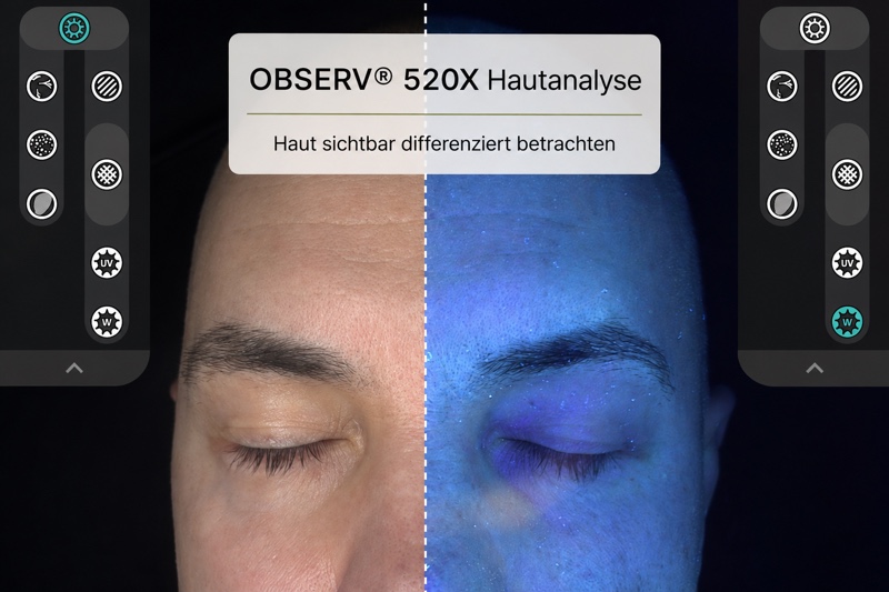 OBSERV 520X Hautanalyse mit Gegenüberstellung einer Aufnahme bei normalem Licht und unter UV-Licht