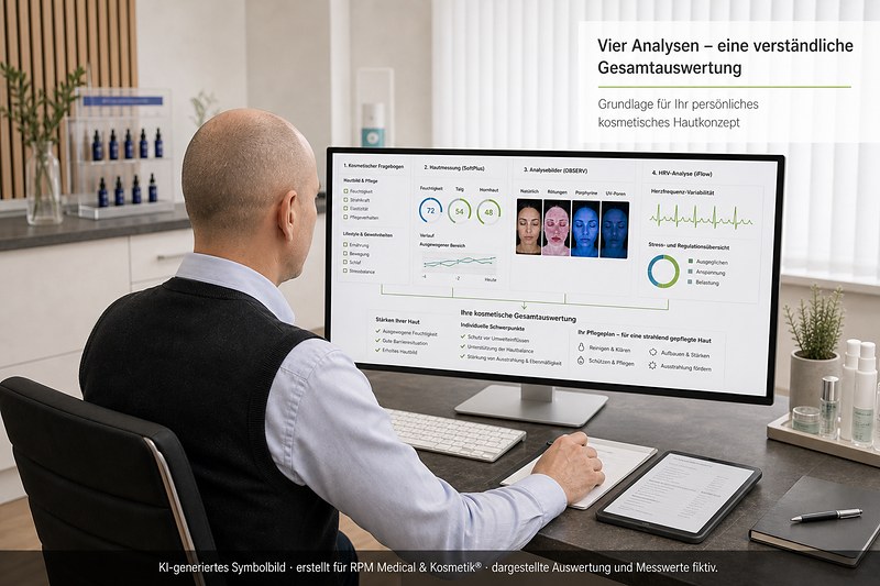 Die Ergebnisse aus Fragebogen, SoftPlus® Hautmessung, OBSERV® 520x und iFlow® HRV Scan werden gemeinsam betrachtet und verständlich zusammengefasst.